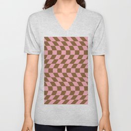 Pink Brown Wavy Checkered Pattern V Neck T Shirt