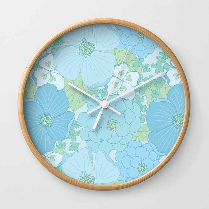 Light Blue Pastel Vintage Floral Pattern Wall Clock