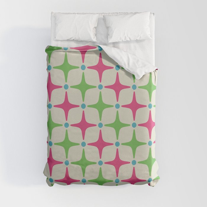 Colorful Mid Century Modern Star Pattern 953 Green Magenta and Blue and Beige Duvet Cover