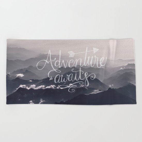 Adventure awaits Mountain View Typography Beach Towel