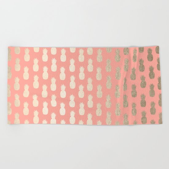 Gold Pineapples on Coral Pink Beach Towel