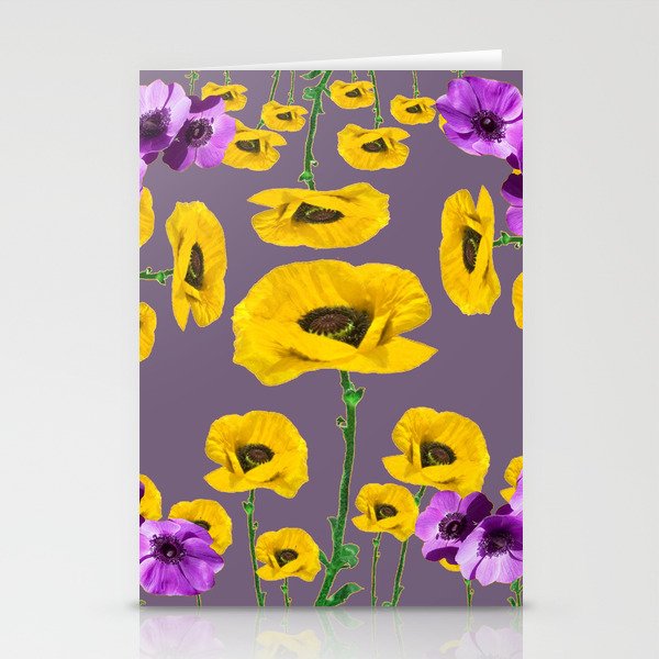 LILAC ANEMONES YELLOW POPPY FLOWERS ON GREY Stationery Cards