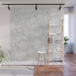 Antique White Roses Silhouette on Silver Grey Wall Mural