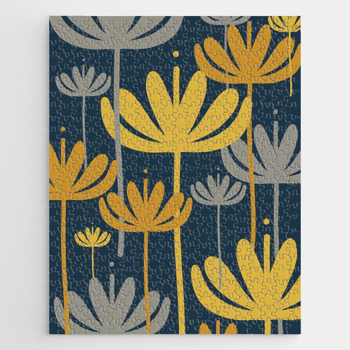 Bali Flowers Floral Pattern in Mustard, Gray, and Navy Blue Jigsaw Puzzle