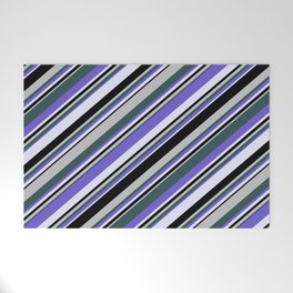 [ Thumbnail: Eyecatching Grey, Dark Slate Gray, Slate Blue, Lavender, and Black Colored Lines/Stripes Pattern Welcome Mat ]