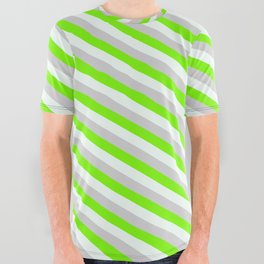 [ Thumbnail: Green, Mint Cream, and Light Gray Colored Stripes Pattern All Over Graphic Tee ]