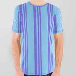 [ Thumbnail: Medium Slate Blue and Light Sky Blue Colored Pattern of Stripes All Over Graphic Tee ]