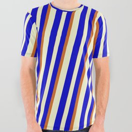 [ Thumbnail: Light Yellow, Blue & Chocolate Colored Lined/Striped Pattern All Over Graphic Tee ]
