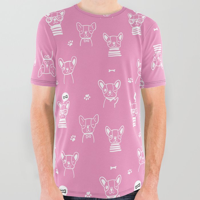 Pink and White Hand Drawn Dog Puppy Pattern All Over Graphic Tee
