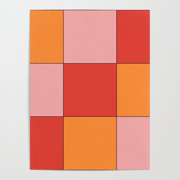 Funky 70s Disco Tile Pattern Colorful Red Orange Pink Aesthetic Checkerboard Poster