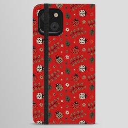 Ladybug and Floral Seamless Pattern on Red Background iPhone Wallet Case