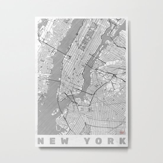 New York Map Line Metal Print
