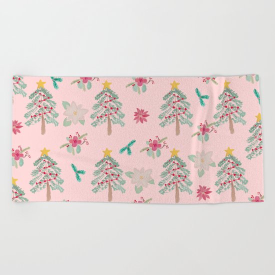 Christmas Pattern Pink Beach Towel