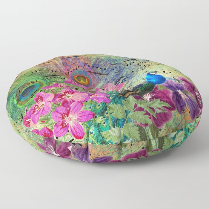 Elegant Peacock Image and Musical Notes Floor Pillow