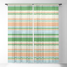 [ Thumbnail: Forest Green, Beige, Brown & Powder Blue Colored Striped Pattern Sheer Curtain ]