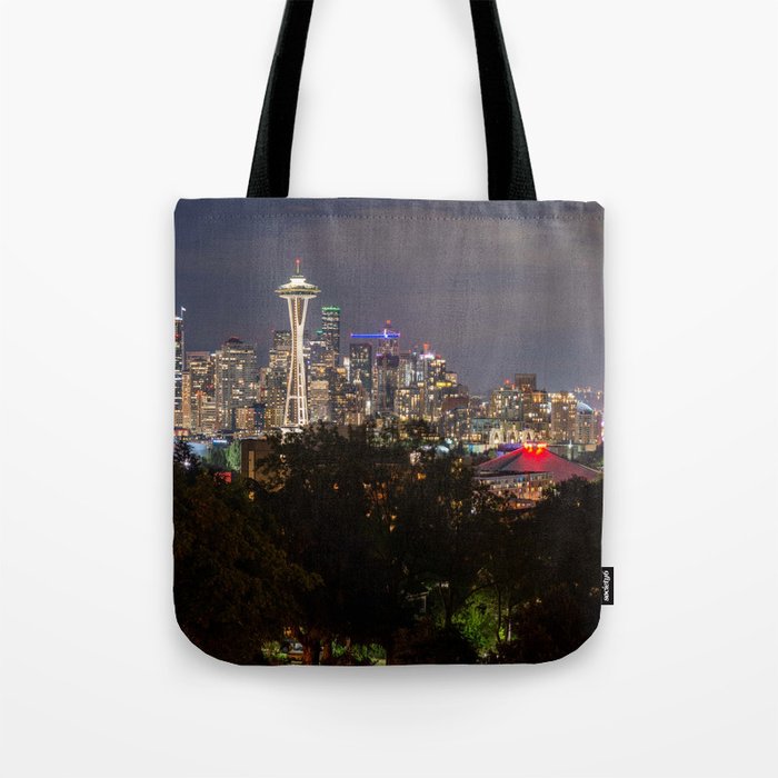The Light Fantastic - Seattle Skyline Night Panorama Tote Bag
