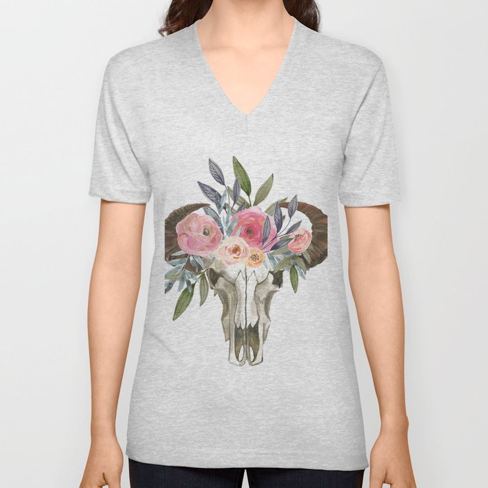 Bohemian bull skull with flowers V Neck T Shirt