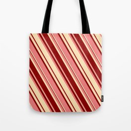 [ Thumbnail: Light Coral, Beige, and Dark Red Colored Lines Pattern Tote Bag ]