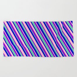 [ Thumbnail: Dark Violet, Aquamarine, Blue & Pink Colored Lines Pattern Beach Towel ]