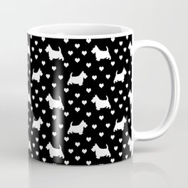 Cute White Scottish Terriers (Scottie Dogs) & Hearts on Black Background Mug
