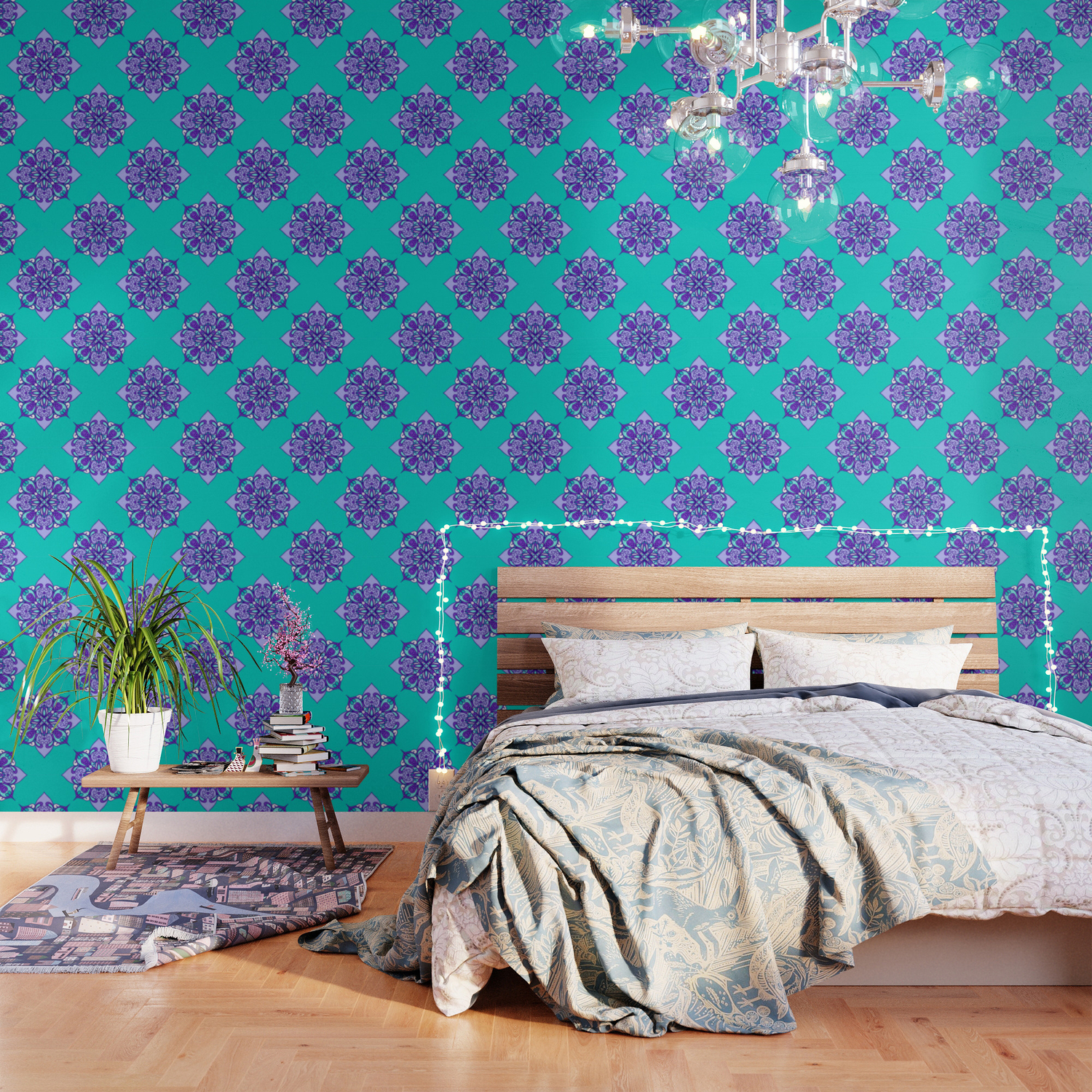 Turquoise Purple Mandala Pattern Wallpaper