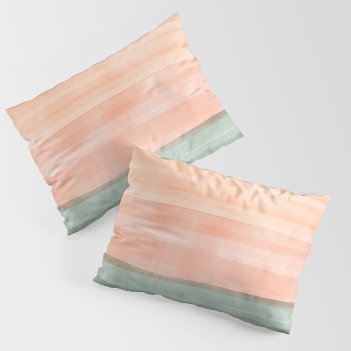 Light Sage Green Waves on a Peach Horizon, Abstract _watercolor color block Pillow Sham