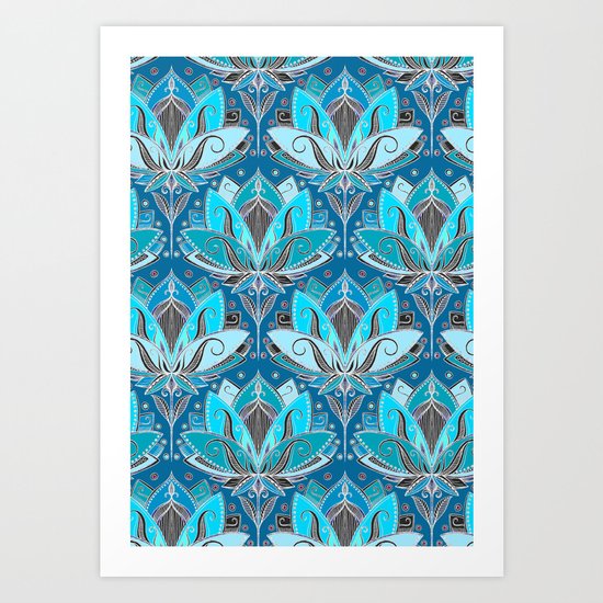 Art Deco Lotus Rising - black, teal & turquoise pattern Art Print