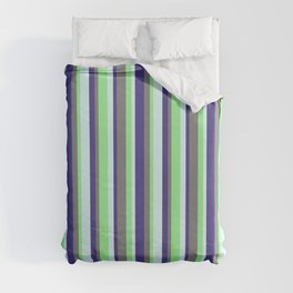 [ Thumbnail: Dark Slate Blue, Light Cyan, Green, and Gray Colored Lines/Stripes Pattern Duvet Cover ]