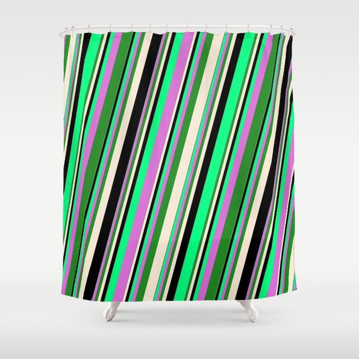 Vibrant Green, Orchid, Forest Green, Beige & Black Colored Striped Pattern Shower Curtain