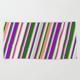 [ Thumbnail: Vibrant Dark Violet, Green, Dark Salmon, Beige, and Light Gray Colored Stripes/Lines Pattern Beach Towel ]