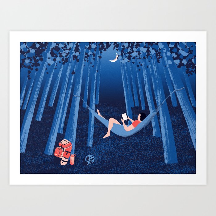 Reading alone in the woods at night Art Print