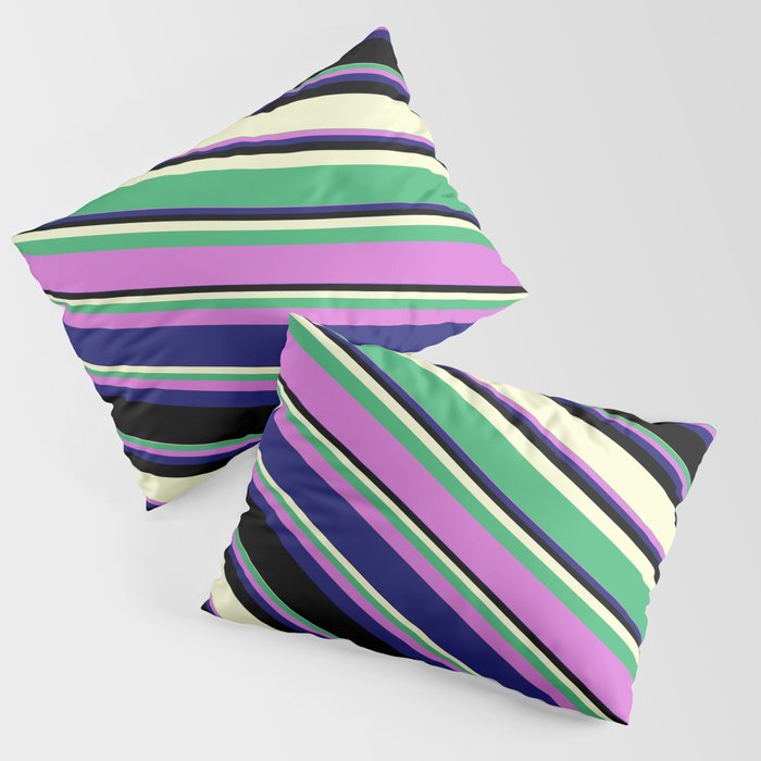 Sea Green, Orchid, Midnight Blue, Black, and Light Yellow Colored Lines/Stripes Pattern Pillow Sham