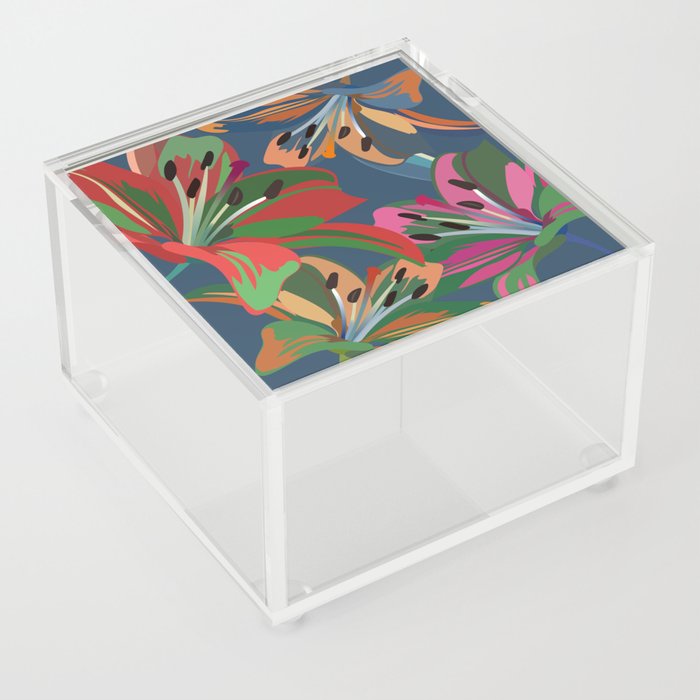 Lily - Colorful Floral Bouquet Art Pattern on Blue Acrylic Box