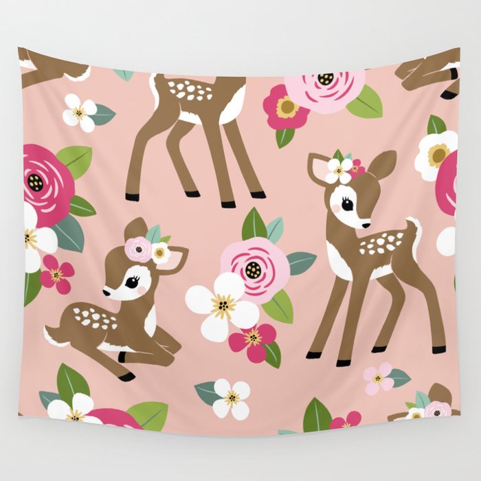 Seamless vintage pattern with cute vintage fawn on pink floral background.  Wall Tapestry