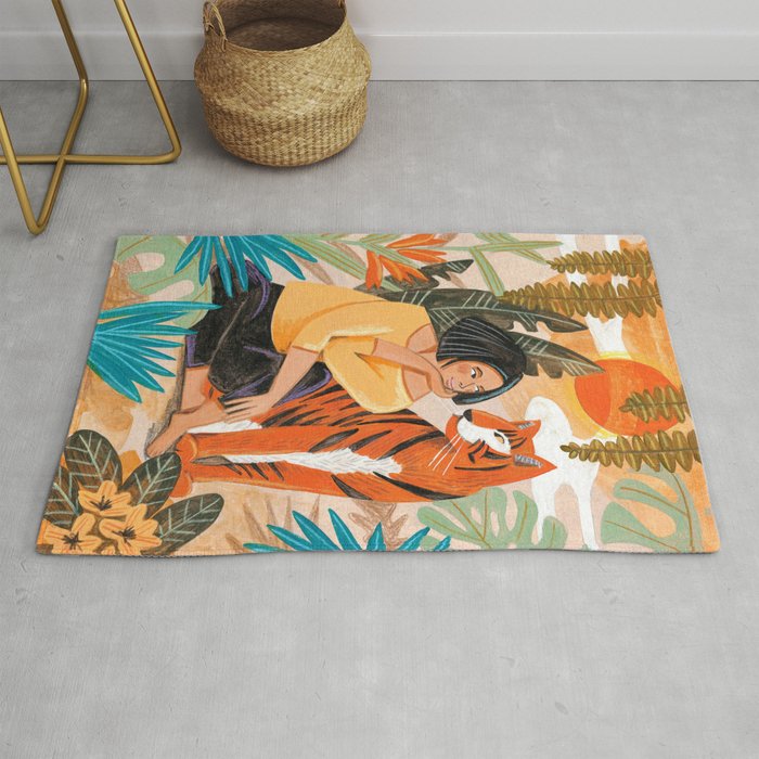 Woman with tiger travel Rug