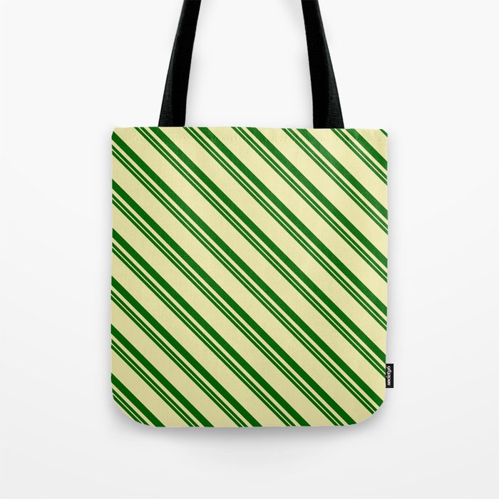 Dark Green and Pale Goldenrod Colored Lines Pattern Tote Bag