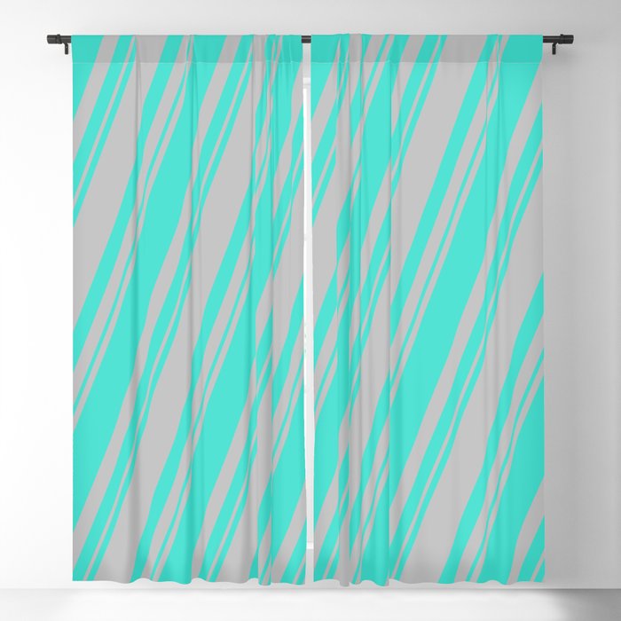 Turquoise and Grey Colored Stripes Pattern Blackout Curtain