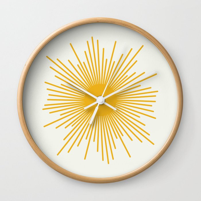 Mustard Yellow Retro Sun on Off White Wall Clock