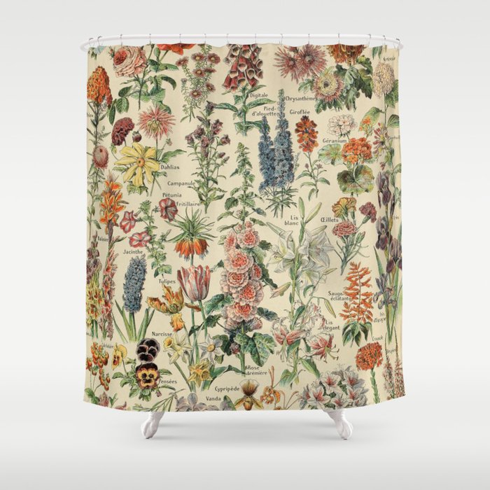 French Vintage Flowers Chart Adolphe Millot Fleurs Larousse Pour Tous Funky Cozy Boho Maximalist Shower Curtain
