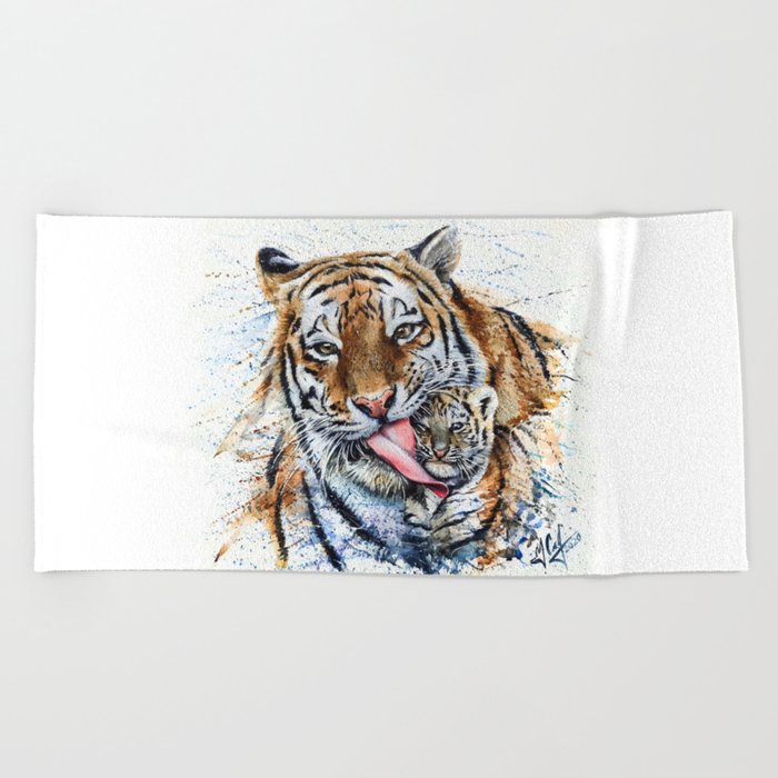 Tiger with cub Beach Towel