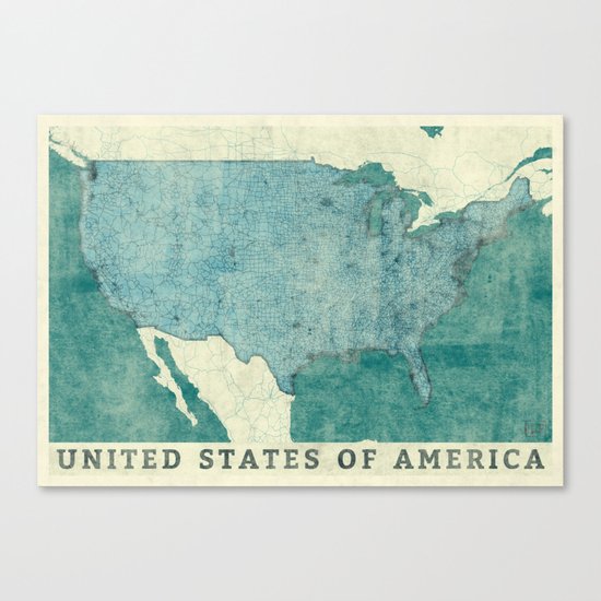 United States Of America Map Blue Vintage Canvas Print