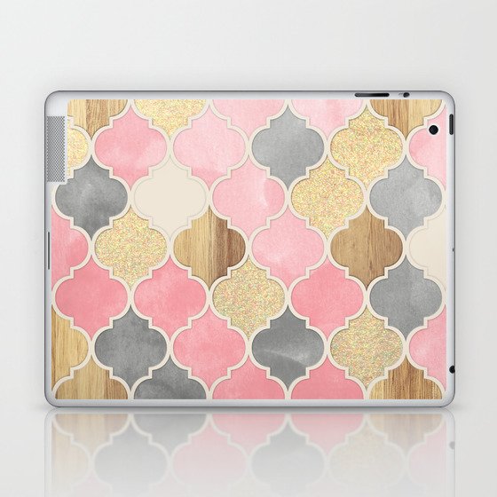 Silver Grey, Soft Pink, Wood & Gold Moroccan Pattern Laptop & iPad Skin