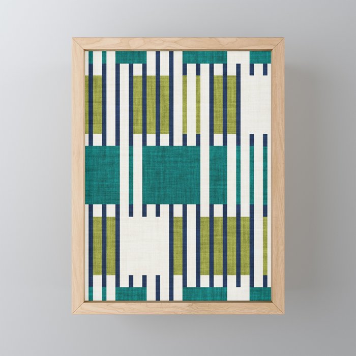 Bold minimalist retro stripes // midnight blue olive and pine green geometric grid  Framed Mini Art Print