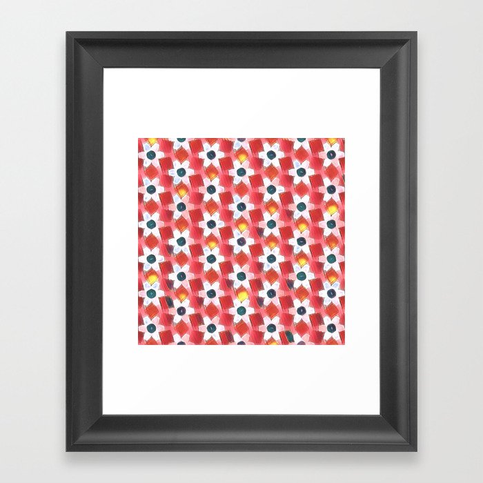 Modern Abstract White Daisies On Red Framed Art Print