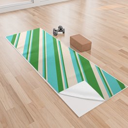 [ Thumbnail: Forest Green, Turquoise & Beige Colored Striped Pattern Yoga Towel ]