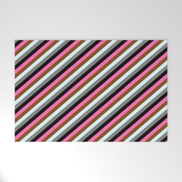 [ Thumbnail: Eye-catching Hot Pink, Brown, Light Cyan, Gray & Black Colored Stripes Pattern Welcome Mat ]