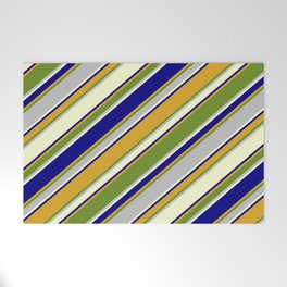[ Thumbnail: Eyecatching Blue, Goldenrod, Green, Grey & Light Yellow Colored Pattern of Stripes Welcome Mat ]