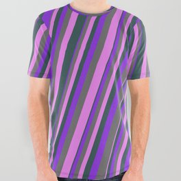 [ Thumbnail: Purple, Dim Grey, Violet, and Dark Slate Gray Colored Lines/Stripes Pattern All Over Graphic Tee ]