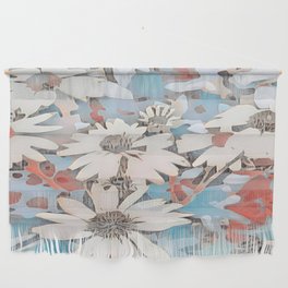 Abstract White Daisies Landscape on Sky Blue Wall Hanging