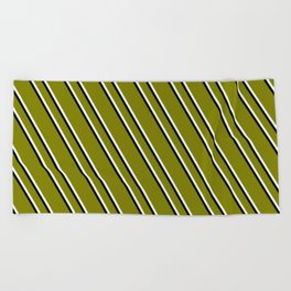 [ Thumbnail: Green, Mint Cream & Black Colored Lined Pattern Beach Towel ]